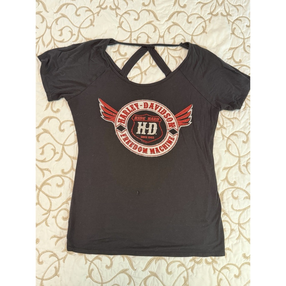 Harley Davidson Womens L Black Freedom Machine Rhinestone Cutout T Shirt USA